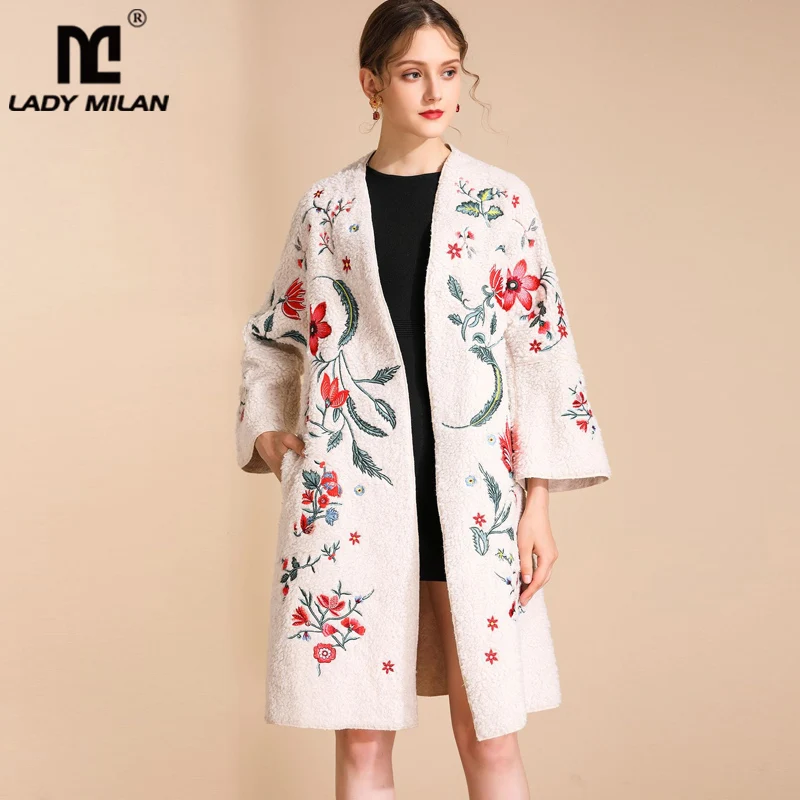 

Winter Women's Runway Coat O Neck Long Sleeves Embroidery Lambwool Fashion Designer Coats Outerwear