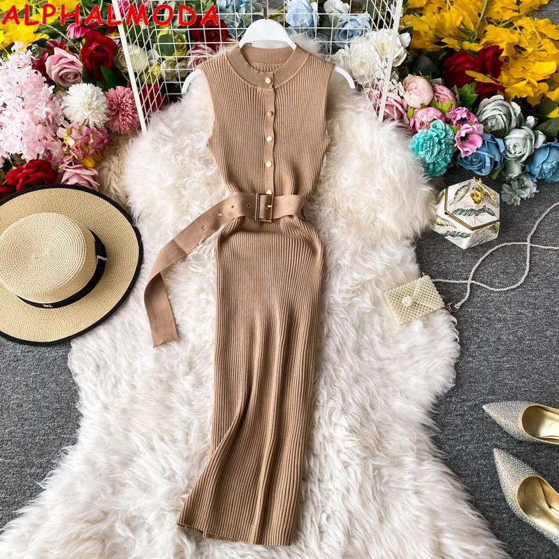 ALPHALMODA 2020 Summer Women Knit Dress Single Breasted Slim Belted Sleeveless Ladies Vintage Solid Knitting | Женская одежда