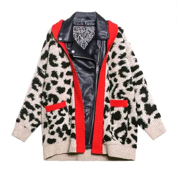 

Leopard Cardigan 2020 Winter Women Thick Plus Size Knitted Lambwool Splice PU Leather Jacket Female Streetwear Oversize Coat