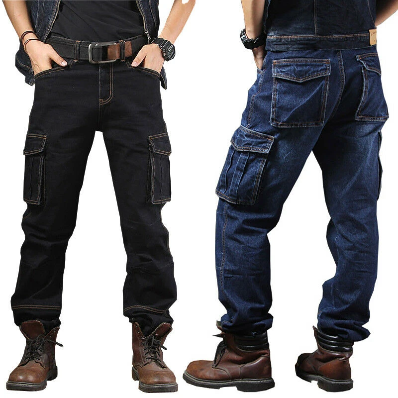 Pantalones vaqueros para hombre, de trabajo, informal, con bolsillos de carga|Pantalones vaqueros| - AliExpress