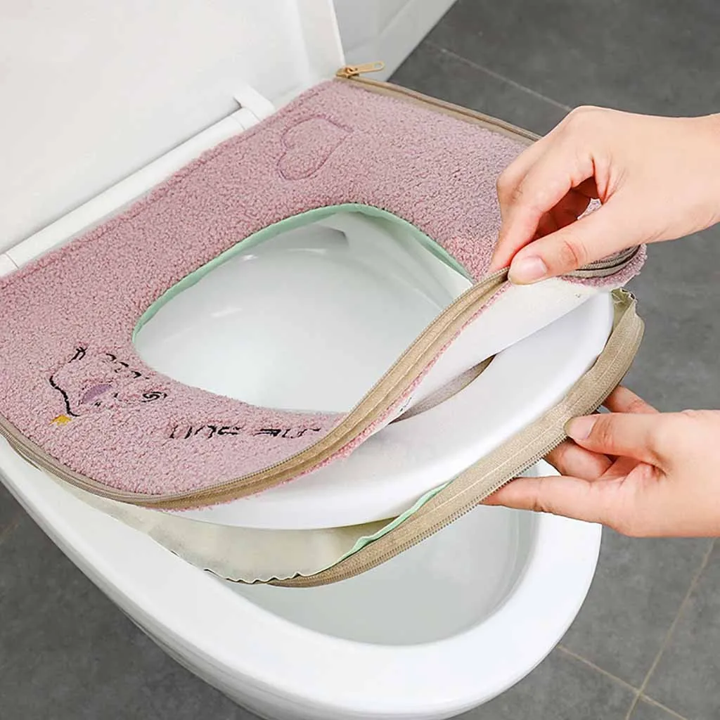 

Plush Washroom Warm Sticky Toilet Mat Seat Cover Pad Household Reuseable Soft Toilet Seat Cover Zipper With Handle Washable Pad