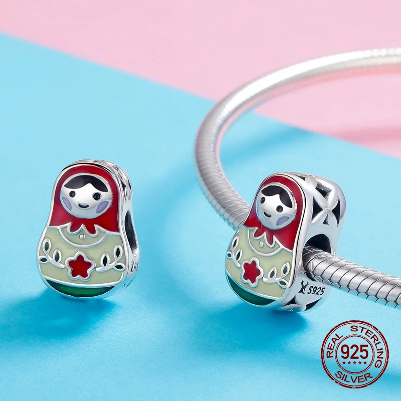 Womak Подлинная 925 стерлингового серебра Эмаль русская кукла fit Pandora браслет Подвеска Стерлинговое серебро кулон ювелирные изделия подарок DIY