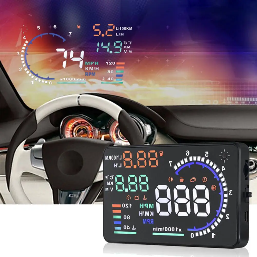 

A8 5.5 Inch Car HUD Head Up Display OBDII Speed Warning Fuel Consumption Automobile Car Alarm System Car Accessories Instock