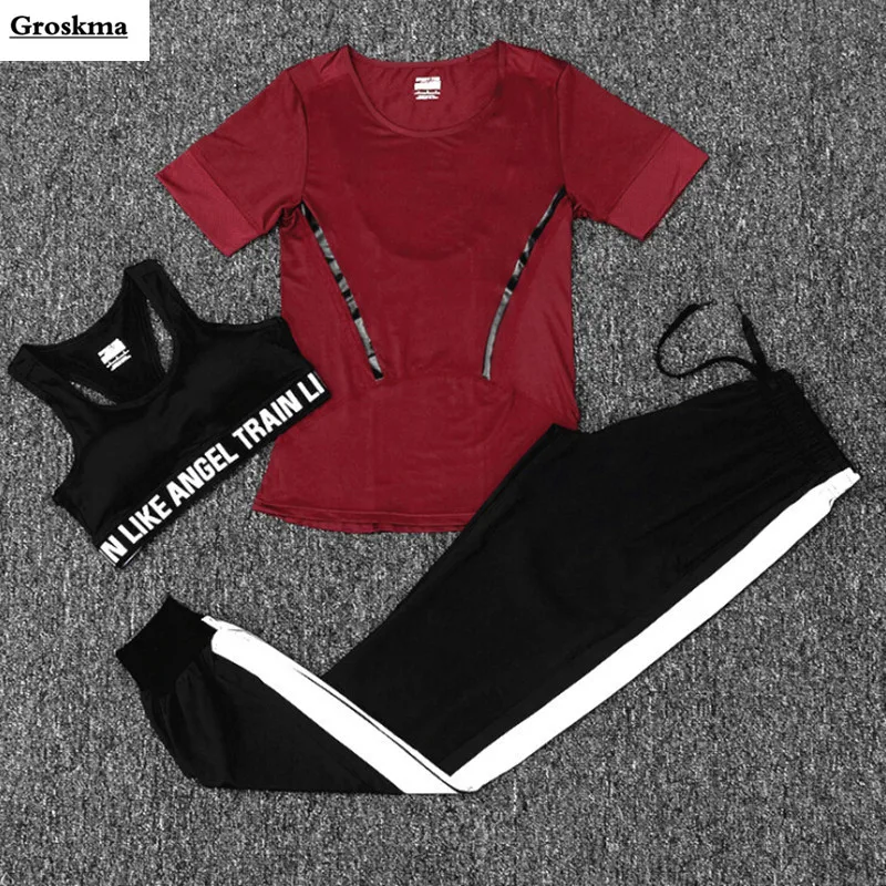 Hot sale women quick dry yoga sets fitness gym 2/3 piece set t shirt+bra+pants outdoor sports running clothes training suit sets