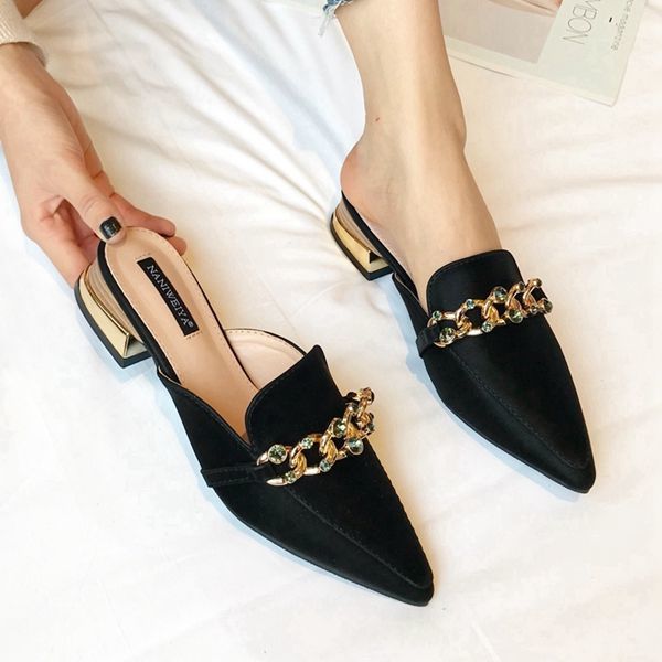 New Chain Mules Women Slides Square Toe Ladies Striped Shoes Summer Fashion Footwear