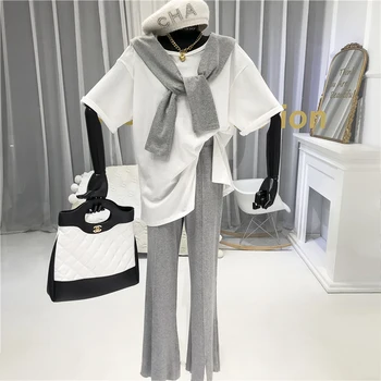 

fashion 3 piece set women Casual Pullover +shawl+flare pants Elastic Waist Full Length three piece pants set women suit