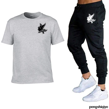 

New fashion printing suit men's suit T-shirt + pants 2-piece casual sportswear cartoon flying bird sportswear fitness pants suit