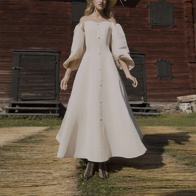 

women Beige Off Shoulder Slash Neck maxi Dress Casual autumn winter Lantern Sleeve Dress Elegant Bateau button long Dress