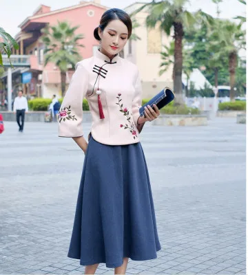 Sheng Coco Woolen Chinese Blouse Coat LadiesTraditional Chinese Shirts Embroidery Blouses Woolen Suit Classic Blue Suit - Цвет: pink suit