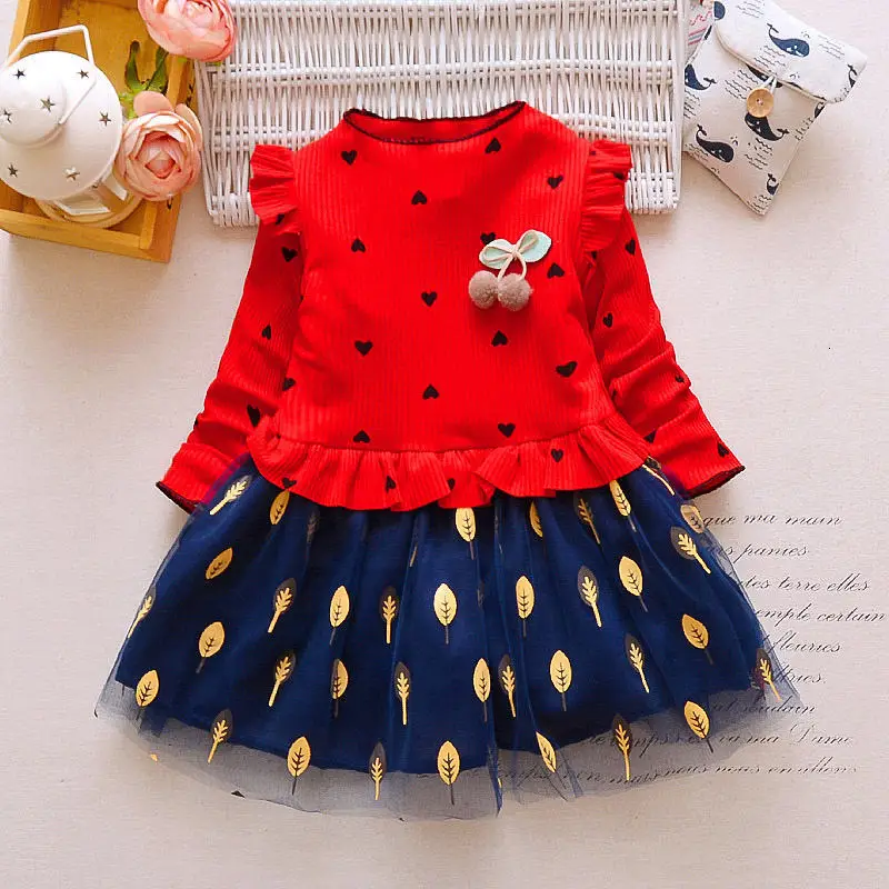 Платье для девочек кружевные платья с длинными рукавами для девочек Хлопковое Сетчатое праздничное платье для маленьких девочек детское весеннее платье принцессы для детей 3, 4, 5, 6, 7 лет - Цвет: Красный