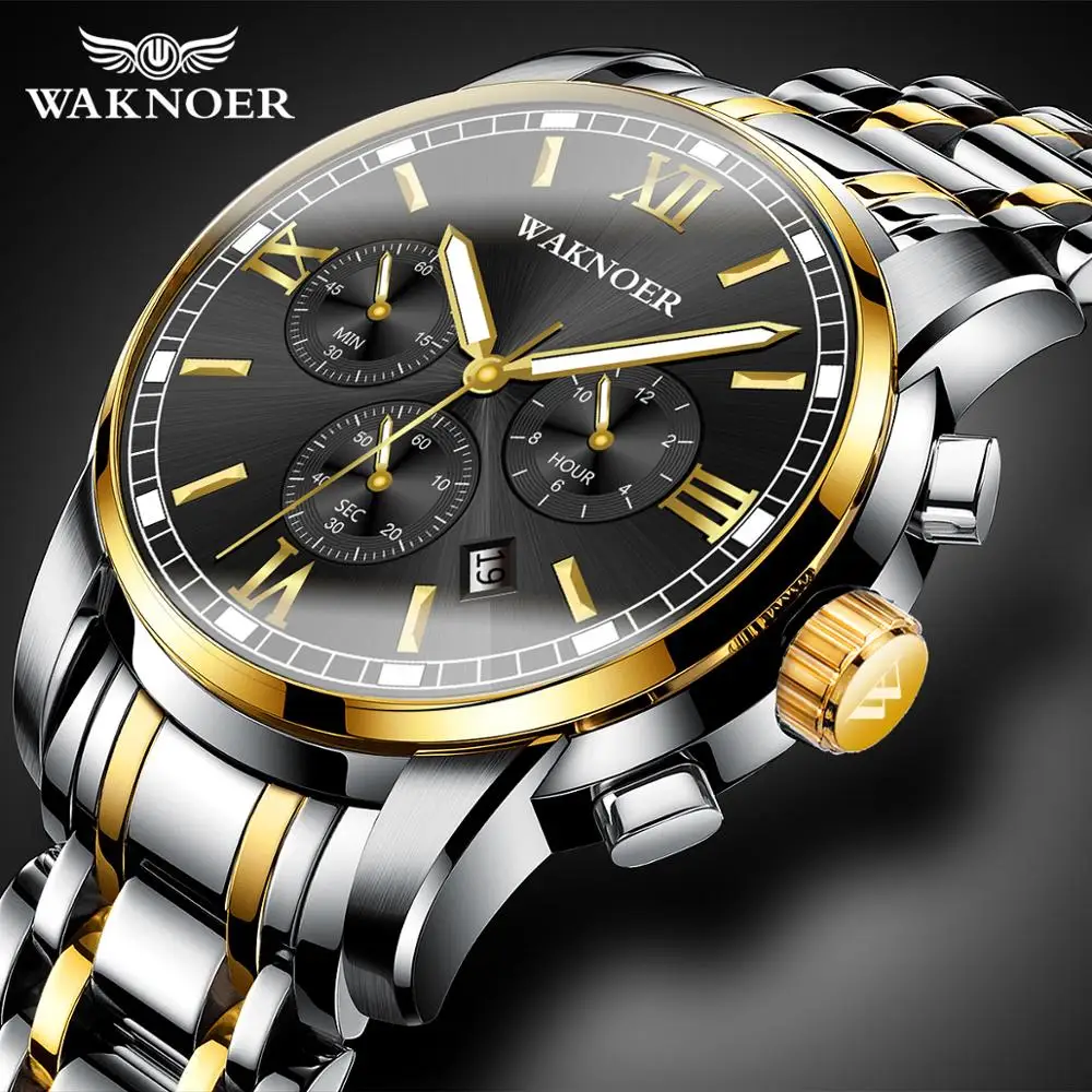 

WAKNOER Men Watch Multifunction Quartz Steel Belt Luxury Waterproof Top Brand Sports Wristwatch reloj hombre montre homme