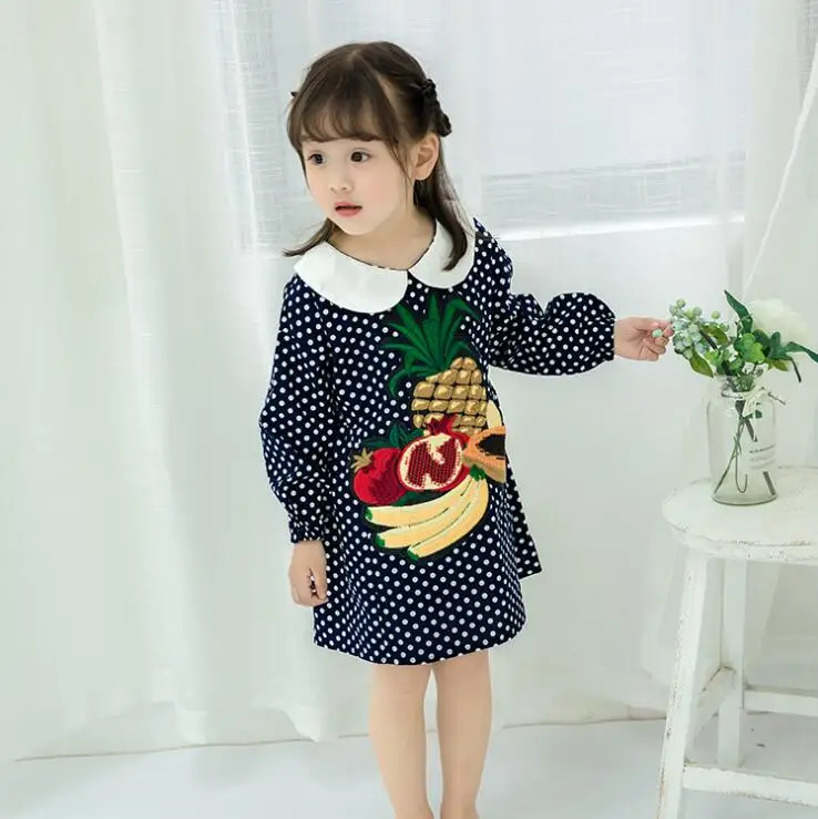 Платья для девочек; осеннее хлопковое платье в горошек с вышивкой ананаса и фруктов для маленьких девочек; детское платье с длинными рукавами; детская одежда