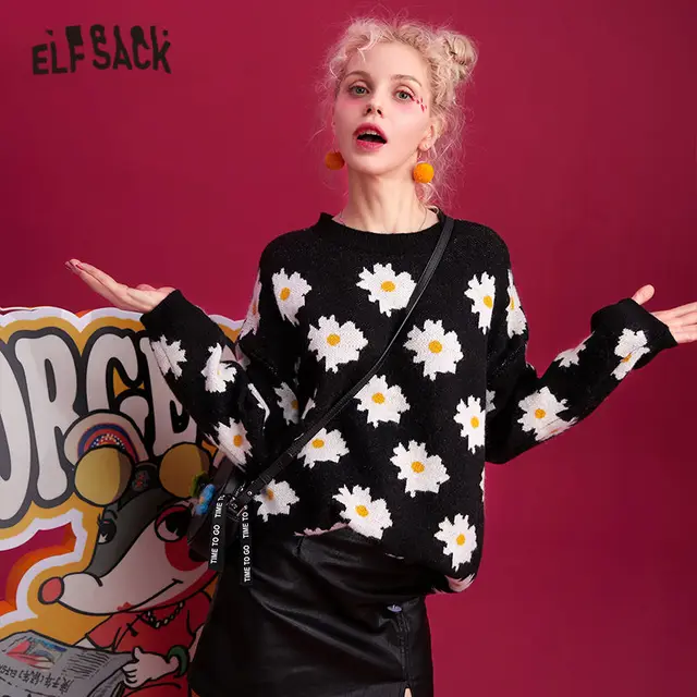 US $19.90 ELFSACK Multicolor Floral Print Casual Knitted Pullover Sweater Women 2019 Winter Korean Style Long