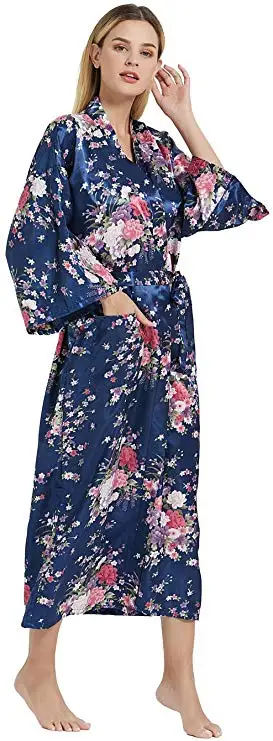 Вискозный Шелковый женский длинный халат с принтом, цветочное кимоно, банный халат, повседневная одежда для сна, домашняя одежда, большие размеры, банный халат невесты - Цвет: navy
