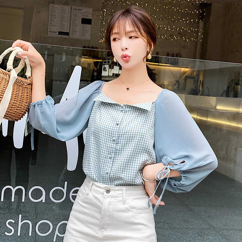 

Women Tops lattice Printed Splice Blouses Shirts Summer 2019 Autumn New Female Shirts Chiffon Short Sleeve sweet Blouse 18A6