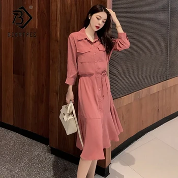 

Korean Women Long Sleeve Shirt Dress Casual Turn-Down Collar Elegant Long Dresses 2020 Spring D9N610M