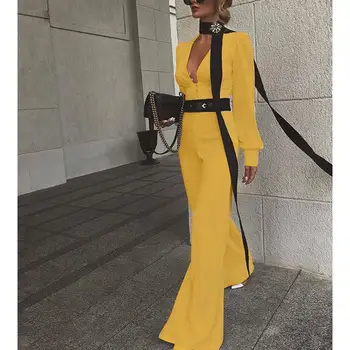

Sexy Deep V Neck Sashes Rompers Solid Women Long Sleeve Casual Overalls Long Pants Office Lady Jumpsuits