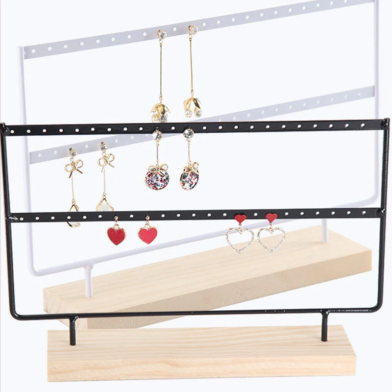 Metal Dangle Earring Display Stand Rack Wood 2 Layer Hollow Jewelry