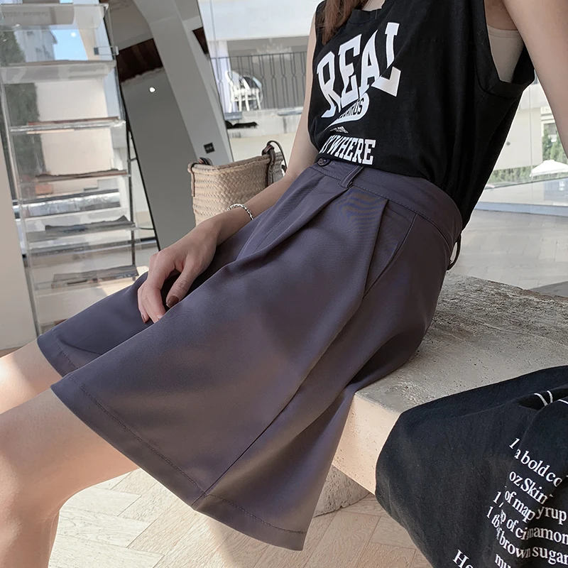 Suit Shorts 2021 Summer New Loose Casual High Waist Slim Wide Leg Shorts Girls Streetwear Sets Shorts Solid Black Pant