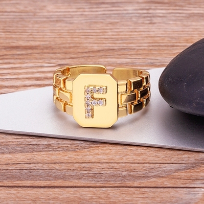 Arrival Fashion Gold Color Initial Ring Open Design Adjustable Hot Sale Watchband Chain A-Z Letters Zircon Rings For Women