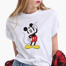 

On Sale Disney Elements Mickey Mouse Women T-shirts Round Neck Cartoon Female Tshirt Color Painting Summer Top Clothes Transport