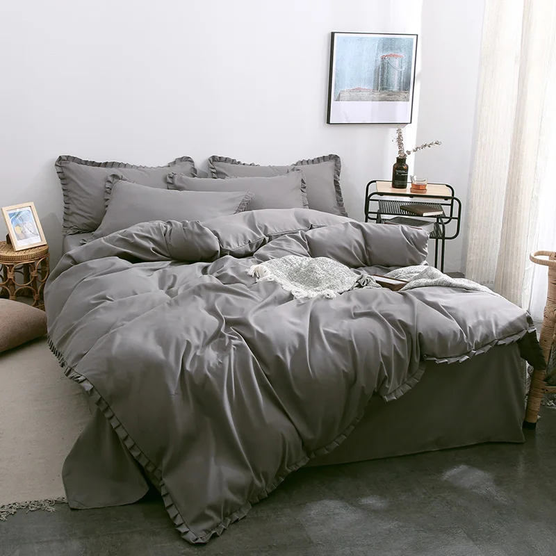 

Korean Grinding 4-piece Fold Lace Pure and Elegant Gray Double Bed Sheet Pillow Cover