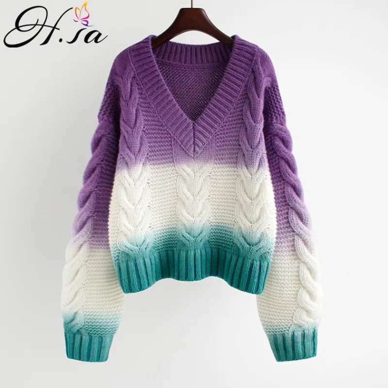 Женский трикотажный свитер H.SA джемпер с V-образным вырезом и градиентной