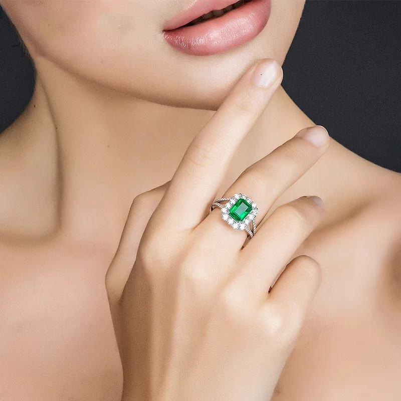 Bague Ringen, квадратная форма, серебро 925 пробы, изумруд, регулируемые кольца для женщин, роскошное обручальное кольцо с зеленым драгоценным камнем