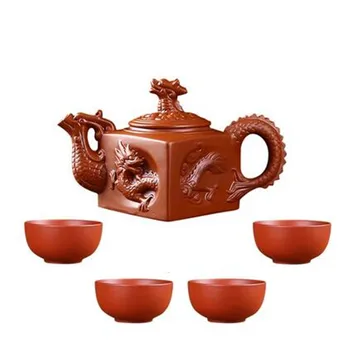 

Household Kungfu Tea Set Large Capacity Purple Sand Teapot with 4cups Yixing Filter Zhu Clay Teapot Black Red