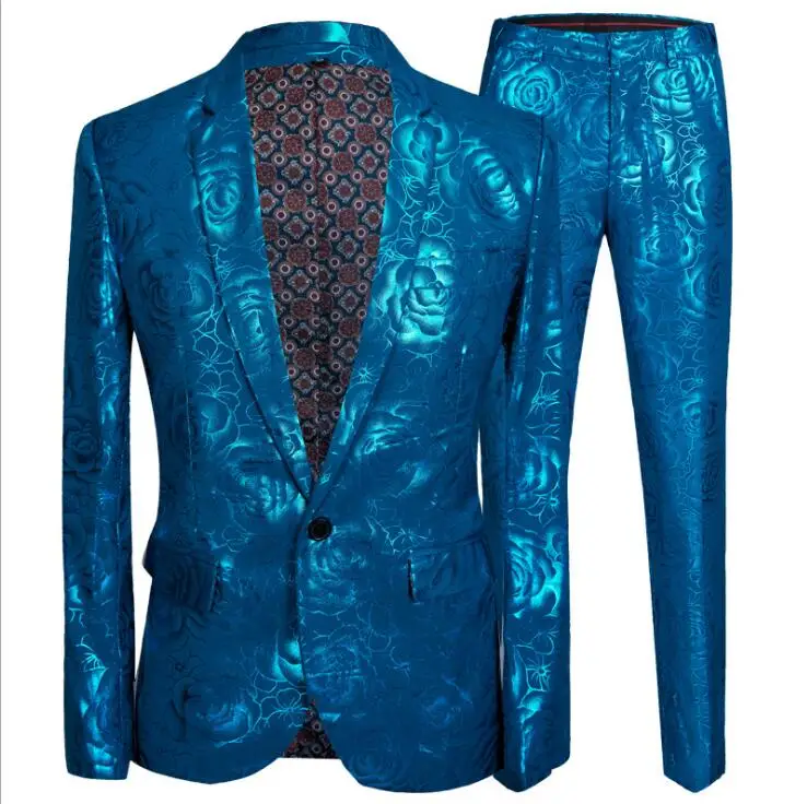 Jacket Pants Мужской Стильный блестящий синий розовый принт Мужской Блейзер Куртка последние пальто брюки дизайн мужские свадебные костюмы Slim Fit Singers одежда - Цвет: Jacket Pants