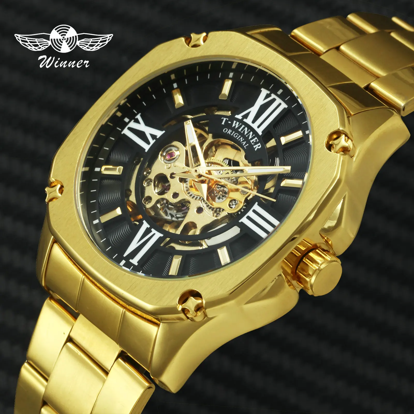 WINNER официальный бренд Модные золотые часы для мужчин автоматические