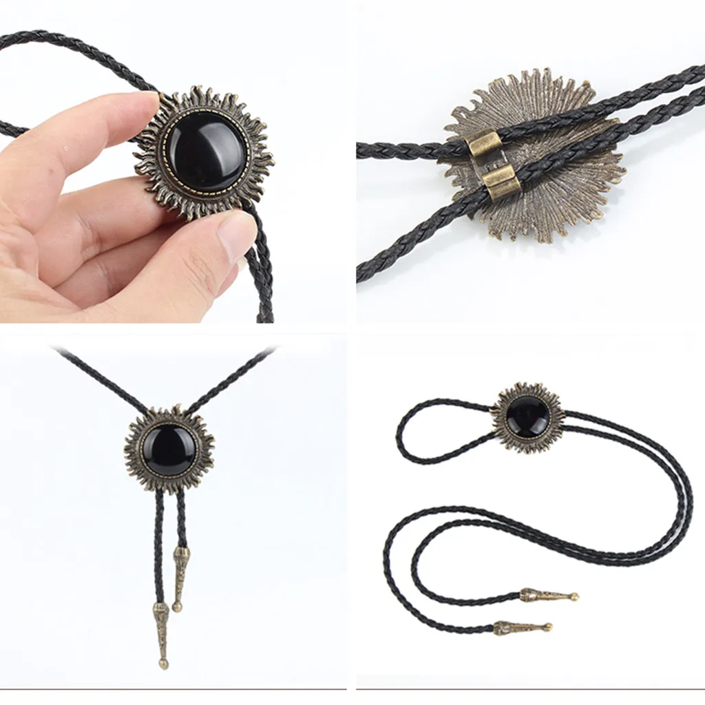 Vintage Antique Bronze Sunflower Black Stone Western Cowboy Bolo Tie Necktie