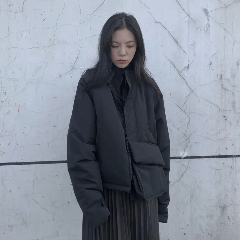 [EAM] пальто с хлопковой подкладкой с карманами, большой размер, Свободная Женская парка с длинным рукавом, модная новинка осень-зима, 1K820 - Цвет: black
