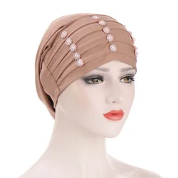 Helisopus New Flower Crystal Button Design Turban Hat Pleated Linen Muslim Headwear Solid Cancer Chemo Head Scarf Accessories