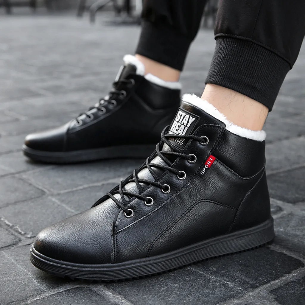 

Autumn Winter plush warm leather men boots black Men's Outdoor Wear ankle boot laec up black plus size#G2