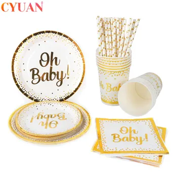 

Oh Baby Gold Disposable Tableware Paper Plates Cups Napkins Kids Birthday Party Cutlery Gender Reveal Supplies Baby Shower Decor