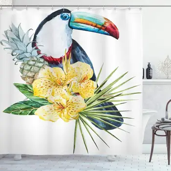 

Tropical Animals Shower Curtain, Toucan Bird with Exotic Hibiscus and Orchids Flower and Palm Plants Leaf, Cloth Fabric Bathroom