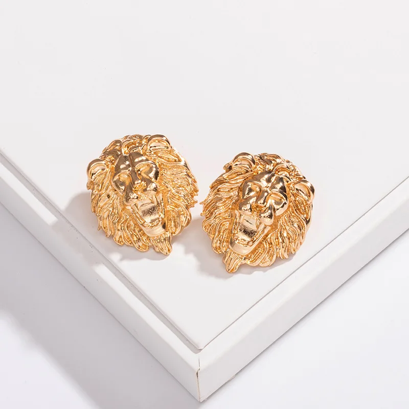 Women Earrings Lion Head Alloy Stud Lion Head Earrings Gold Lion
