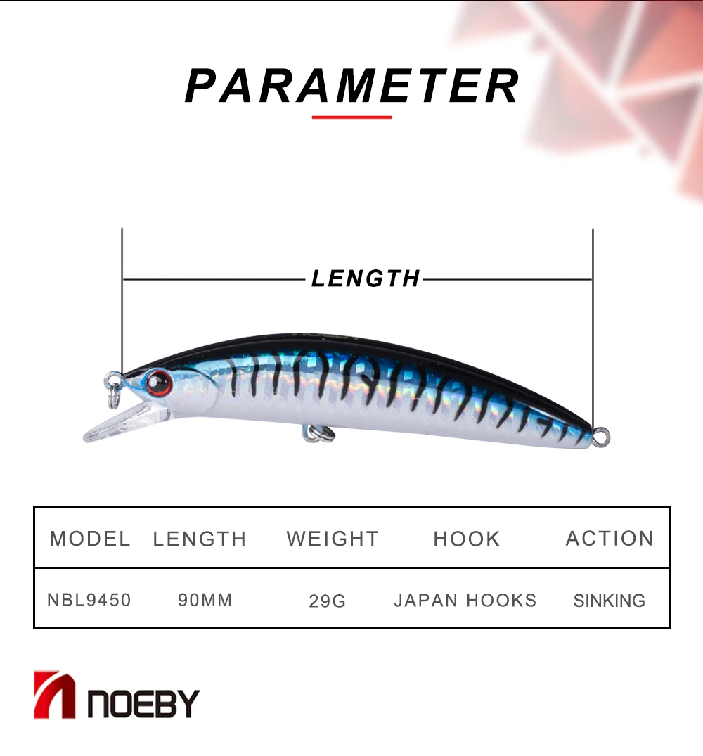 NOEBY новые тонущие приманки Minnow 90 мм 29 г, пластиковые рыболовные воблер, твердая наживки плавающие наживки, искусственные морские приманки