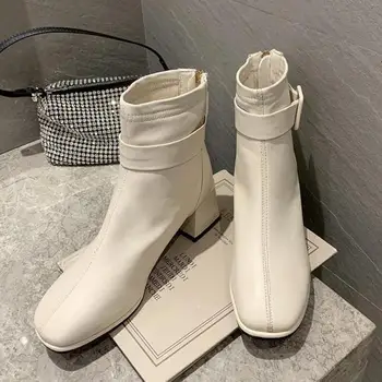 

Patent Leather Ankle Boots For Women Winter Boots Buckle Thick High Heel Boots Square Toe Ladies Shoes White Black Zip