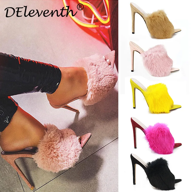 

Fluffy Pink Shoes Woman Europe And America Network hong zhen Rabbit Fur Maojian