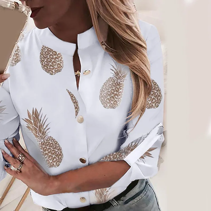 

Women's Sexy Blouse Tops V-neck Long Sleeve Pineapple Print Slim Fit Casual button stand collar tops