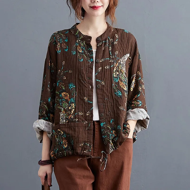 Женская Повседневная куртка из хлопка и льна свободная Удобная верхняя одежда с