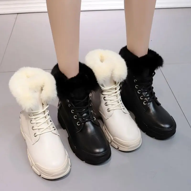 Coolcept Women Ankle Boots Warm Plush With Fur Round Toe Shoes Women Fashion Rivets Cross Strap Casual Winter Boots Size 35-40