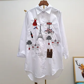 

Korean version of the new autumn mid-length leisure all-match shirt jacket female creative embroidery leaning tower white shirt