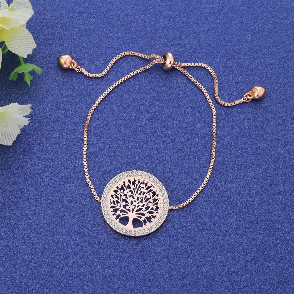 Новые браслеты pulseira mujer moda прозрачные Кристальные золотые браслеты для женщин Дерево жизни регулируемый браслет украшение подарок - Окраска металла: Покрытие из розового золота