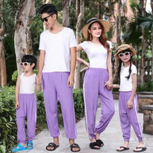 Стиль детской одежды для родителей и детей противомоскитные штаны брюки-фонарики Пляжные Шорты однотонные хлопковые Шелковые Тонкие свободные S