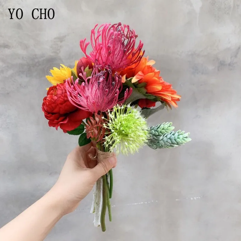 

YO CHO Wedding Bouquet Handmade Drop Shipping Artificial Silk Peony Flower Red Leucospermum Pompom Sunflower Wedding Supplies