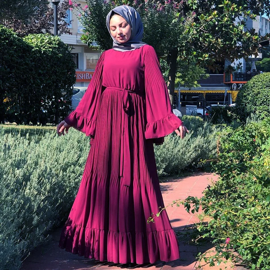 

2019 Fashion high quality comfortable chiffon Turkish dress Middle East Muslim Arab abaya dress solid color islamic clothing