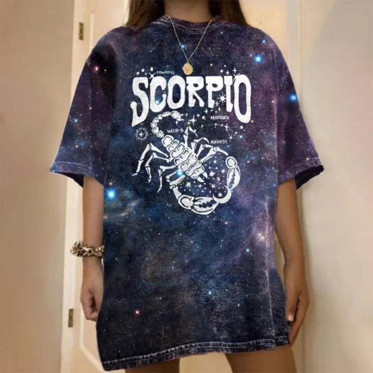 Capricorn Star Sky Print T-shirts Woman Summer Casual Loose Graphic Gothic Letter Short Sleeve O Neck Y2k Harajuku Shirt Tee Top t shirt oversize